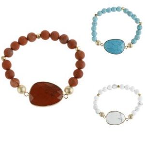 3 Pack NATURAL BIG STONE CHARM STRETCHY BRACELETS Wholesale Lot Box